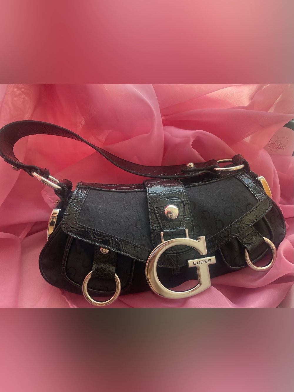 Vintage Guess Black Monogram Shoulder Bag w/ Croc Trim & G Buckle - Picture 3 of 6